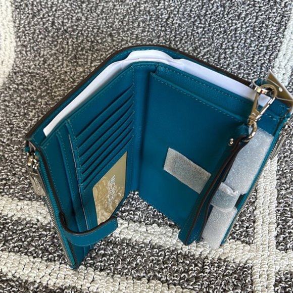 Michael Kors Large Double Zip Leather Wallet Wristlet Phone Case Lagoon - Picture 10 of 16